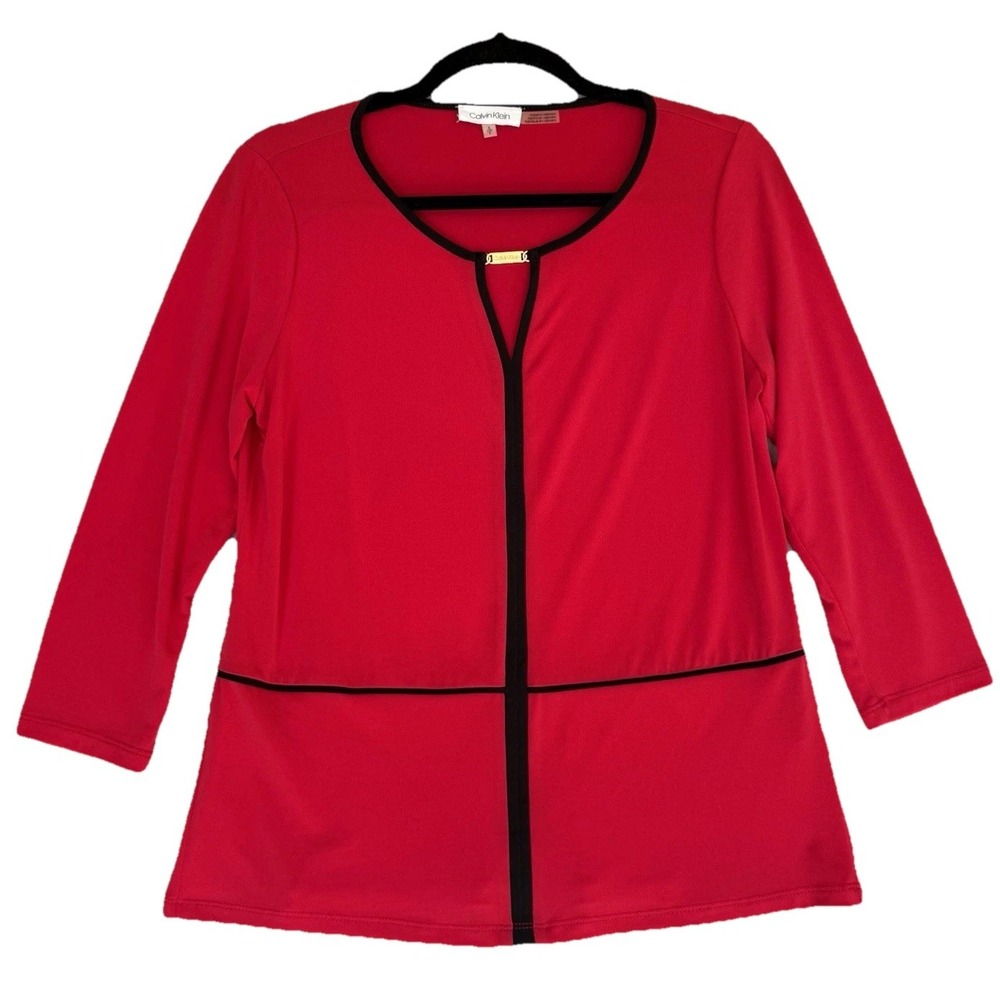 Calvin Klein Blouse Shirt Women's Small Red‎ Stretch Office Siren Business Work